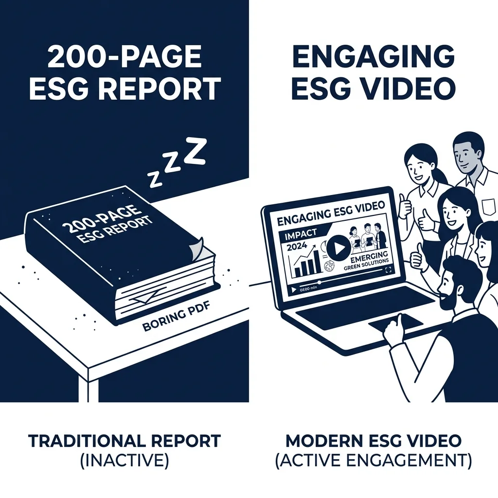 Tradycyjny 200-stronicowy raport ESG w PDF vs angażujący film ESG