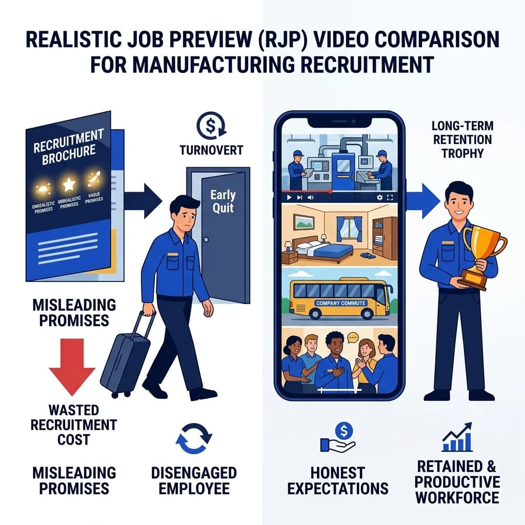 Comparison: Misleading recruitment brochure versus honest Realistic Job Preview video for industrial staffing