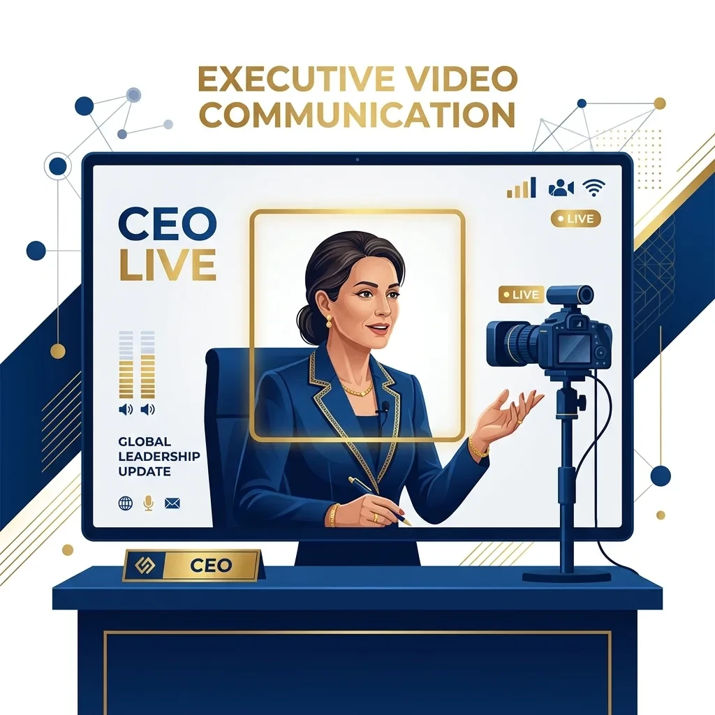 CEO recording an address before cinema cameras and studio lighting for global broadcast